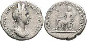Plotina, Augusta, 105-123. Denarius (Silver, 19 mm, 3.13 g, 7 h), Rome, 112-114. PLOTINA AVG IMP TRAIANI Draped bust of Plotina to right, wearing step...