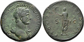 Hadrian, 117-138. Sestertius (Orichalcum, 34 mm, 27.79 g, 6 h), Rome, 119-circa mid 120. IMP CAESAR TRAIANVS HADRIANVS AVG P M TR P COS III Laureate b...
