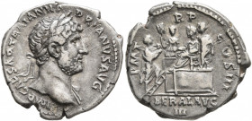 Hadrian, 117-138. Denarius (Silver, 19 mm, 3.49 g, 7 h), Rome, circa late 120-121. IMP CAESAR TRAIAN HADRIANVS AVG Laureate head of Hadrian to right, ...