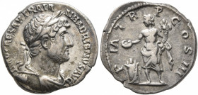 Hadrian, 117-138. Denarius (Silver, 18 mm, 2.90 g, 6 h), Rome, late 121-123. IMP CAES TRAIAN HADRIANVS AVG Laureate and draped bust of Hadrian to righ...