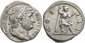 Hadrian, 117-138. Denarius (Silver, 18 mm, 3.45 g, 7 h), Rome, 126-127. HADRIANVS AVGVSTVS Laureate head of Hadrian to right, with slight drapery on h...