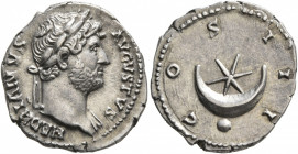 Hadrian, 117-138. Denarius (Silver, 19 mm, 3.45 g, 6 h), Rome, circa 126-127. HADRIANVS AVGVSTVS Laureate bust of Hadrian to right, with slight draper...