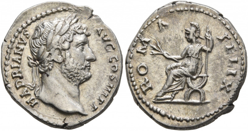 Hadrian, 117-138. Denarius (Silver, 18 mm, 3.36 g, 7 h), Rome, circa 130. HADRIA...