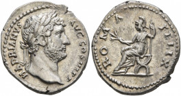 Hadrian, 117-138. Denarius (Silver, 18 mm, 3.36 g, 7 h), Rome, circa 130. HADRIANVS AVG COS III P P Laureate head of Hadrian to right. Rev. ROMA FELIX...