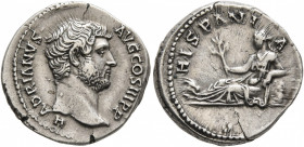 Hadrian, 117-138. Denarius (Silver, 18 mm, 3.39 g, 7 h), Rome, circa 130-133. HADRIANVS AVG COS III P P Bare head of Hadrian to right. Rev. HISPANIA H...