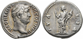 Hadrian, 117-138. Denarius (Silver, 18 mm, 3.55 g, 6 h), Rome, circa 130-133. HADRIANVS AVG COS III P P Bare head of Hadrian to right. Rev. ITALIA Ita...