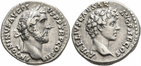 Antoninus Pius, with Marcus Aurelius as Caesar, 138-161. Denarius (Silver, 17 mm, 3.53 g, 7 h), Rome, 140. ANTONINVS AVG PIVS P P TR P COS III Laureat...