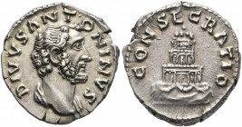 Divus Antoninus Pius, died 161. Denarius (Silver, 17 mm, 3.45 g, 12 h), Rome. Bare head of Divus Antoninus to right. Rev. CONSECRATIO Decorated funera...