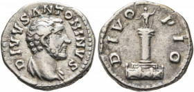Divus Antoninus Pius, died 161. Denarius (Silver, 18 mm, 3.43 g, 6 h), Rome. DIVVS ANTONINVS Bare-headed bust of Divus Antoninus Pius to right, with s...