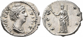 Diva Faustina Senior, died 140/1. Denarius (Silver, 19 mm, 3.21 g, 6 h), Rome. DIVA FAVSTINA Diademed and draped bust of Diva Faustina to right. Rev. ...