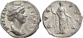 Diva Faustina Senior, died 140/1. Denarius (Silver, 18 mm, 2.71 g, 6 h), Rome. DIVA FAVSTINA Draped bust of Diva Faustina Senior to right. Rev. AVGVST...