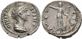 Diva Faustina Senior, died 140/1. Denarius (Silver, 18 mm, 3.48 g, 11 h), Rome. DIVA FAVSTINA Diademed and draped bust of Diva Faustina to right. Rev....