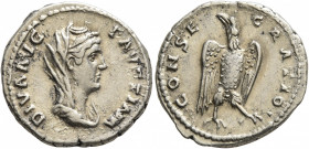 Diva Faustina Senior, died 140/1. Denarius (Silver, 17 mm, 3.23 g, 6 h), Rome. DIVA AVG FAVSTINA Draped and veiled bust of Diva Faustina to right. Rev...