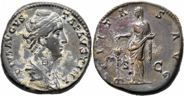 Diva Faustina Senior, died 140/1. Sestertius (Orichalcum, 32 mm, 29.40 g, 11 h), Rome. DIVA AVGVSTA FAVSTINA Diademed and draped bust of Diva Faustina...