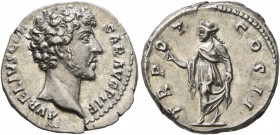 Marcus Aurelius, as Caesar, 139-161. Denarius (Silver, 18 mm, 3.56 g, 7 h), Rome, 146-147. AVRELIVS CAESAR AVG PII F Bare head of Marcus Aurelius to r...