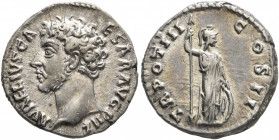 Marcus Aurelius, as Caesar, 139-161. Denarius (Silver, 17 mm, 3.39 g, 7 h), Rome, 147-148. AVRELIVS CAESAR AVG PII F Bare head of Marcus Aurelius to l...