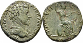 Marcus Aurelius, as Caesar, 139-161. Sestertius (Orichalcum, 30 mm, 19.79 g, 5 h), Rome, 152-153. AVRELIVS CAESAR AVG P II FIL Bare-headed and draped ...