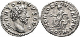 Marcus Aurelius, 161-180. Denarius (Silver, 18 mm, 3.31 g, 12 h), Rome, 161-162. •M•ANTONINVS AVG Bare head of Marcus Aurelius to right. Rev. CONCORD ...