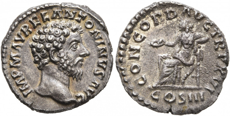 Marcus Aurelius, 161-180. Denarius (Silver, 18 mm, 3.00 g, 5 h), Rome, 161-162. ...