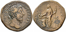 Marcus Aurelius, 161-180. Sestertius (Orichalcum, 32 mm, 29.64 g, 6 h), Rome, 169-170. M ANTONINVS AVG TR P XXIIII Laureate head of Marcus Aurelius to...
