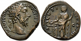 Marcus Aurelius, 161-180. Dupondius (Orichalcum, 25 mm, 12.00 g, 6 h), Rome, 170-171. M ANTONINVS AVG TR P XXIII Radiate head of Marcus Aurelius to ri...