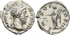 Marcus Aurelius, 161-180. Denarius (Silver, 19 mm, 3.44 g, 5 h), Rome, 171-172. M ANTONINVS AVG TR P XXVI Laureate head of Marcus Aurelius to right. R...