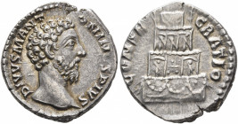 Divus Marcus Aurelius, died 180. Denarius (Silver, 18 mm, 3.36 g, 6 h), Rome, 180. DIVVS M ANTONINVS PIVS Bare head of Divus Marcus Aurelius to right....