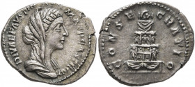 Diva Faustina Junior, died 175/6. Denarius (Silver, 20 mm, 3.27 g, 12 h), Rome, 176-180. DIVAE FAVSTIN AVG MATR CASTOR Veiled and draped bust of Faust...