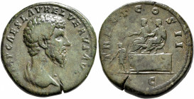 Lucius Verus, 161-169. Sestertius (Orichalcum, 32 mm, 26.01 g, 12 h), Rome, March-December 161. IMP CAES L AVREL VERVS AVG Bare-headed bust of Lucius ...