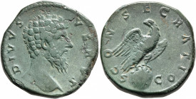 Divus Lucius Verus, died 169. Sestertius (Orichalcum, 31 mm, 26.28 g, 11 h), Rome, 169. DIVVS VERVS Bare head of Divus Lucius Verus to right. Rev. CON...