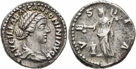 Lucilla, Augusta, 164-182. Denarius (Silver, 18 mm, 3.51 g, 11 h), Rome. LVCILLAE AVG ANTONINI AVG F Draped bust of Lucilla to right. Rev. VESTA Vesta...