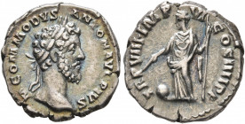 Commodus, 177-192. Denarius (Silver, 18 mm, 3.52 g, 6 h), Rome, 183. M COMMODVS ANTON AVG PIVS Laureate head of Commodus to right. Rev. TR P VIII•IMP ...