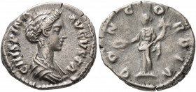 Crispina, Augusta, 178-182. Denarius (Silver, 19 mm, 3.56 g, 6 h), Rome. CRISPINA AVGVSTA Draped bust of Crispina to right. Rev. CONCORDIA Concordia s...