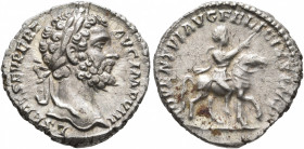 Septimius Severus, 193-211. Denarius (Silver, 17 mm, 3.57 g, 12 h), Rome, 196-197. L SEPT SEV PERT AVG IMP VIII Laureate head of Septimius Severus to ...