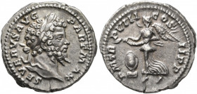Septimius Severus, 193-211. Denarius (Silver, 19 mm, 3.46 g, 12 h), Rome, early 201. SEVERVS AVG PART MAX Laureate head of Septimius Severus to right....