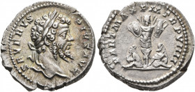Septimius Severus, 193-211. Denarius (Silver, 20 mm, 3.70 g, 7 h), Rome, 201. SEVERVS PIVS AVG Laureate head of Septimius Severus to right. Rev. PART ...