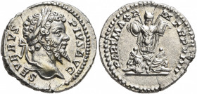 Septimius Severus, 193-211. Denarius (Silver, 19 mm, 3.81 g, 1 h), Rome, 201. SEVERVS PIVS AVG Laureate head of Septimius Severus to right. Rev. PART ...