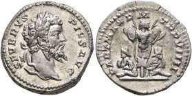 Septimius Severus, 193-211. Denarius (Silver, 18 mm, 3.39 g, 7 h), Rome, 201. SEVERVS PIVS AVG Laureate head of Septimius Severus to right. Rev. PART ...