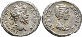 Septimius Severus, with Julia Domna, 193-211. Denarius (Silver, 19 mm, 3.27 g, 7 h), Rome, 202-205. SEVERVS AVG PART MAX Laureate head of Septimius Se...