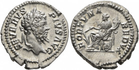 Septimius Severus, 193-211. Denarius (Silver, 19 mm, 3.72 g, 12 h), Rome, 202-210. SEVERVS PIVS AVG Laureate head of Septimius Severus to right. Rev. ...