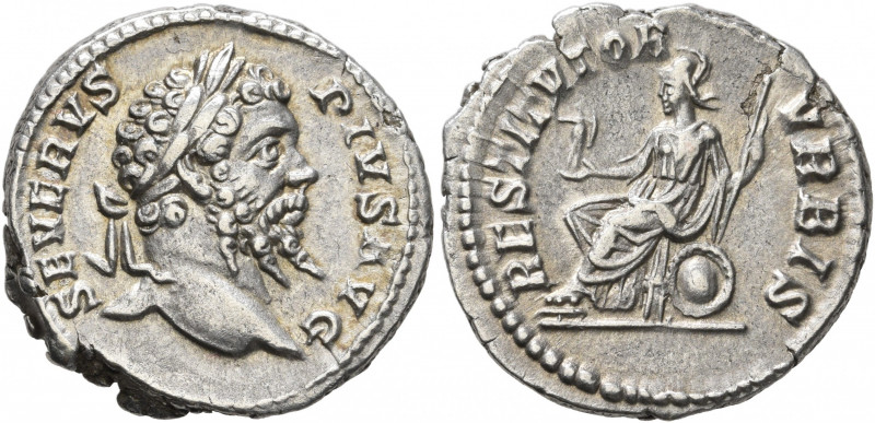 Septimius Severus, 193-211. Denarius (Silver, 19 mm, 3.84 g, 6 h), Rome, 202-210...