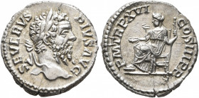 Septimius Severus, 193-211. Denarius (Silver, 18 mm, 3.49 g, 12 h), Rome, 208. SEVERVS PIVS AVG Laureate head of Septimius Severus to right. Rev. P M ...