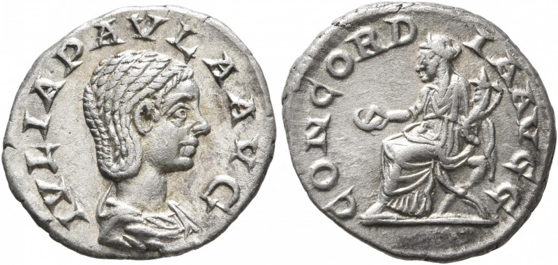 Julia Paula, Augusta, 219-220. Denarius (Silver, 18 mm, 2.52 g, 6 h), Rome. IVLI...