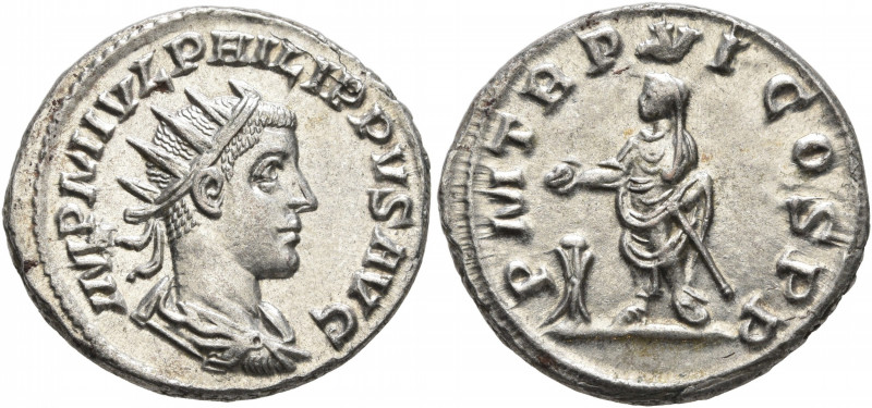 Philip II, 247-249. Antoninianus (Silver, 22 mm, 4.55 g, 6 h), Antiochia, 249. I...