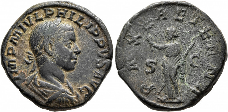 Philip II, 247-249. Sestertius (Orichalcum, 29 mm, 19.82 g, 12 h), Rome. IMP M I...