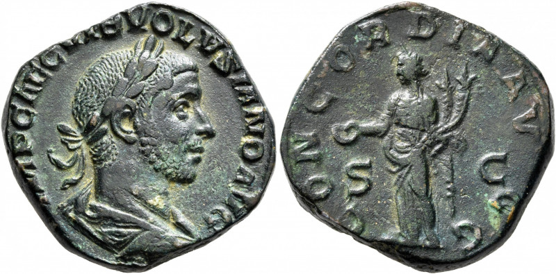 Volusian, 251-253. Sestertius (Orichalcum, 28 mm, 20.31 g, 6 h), Rome. IMP CAE C...