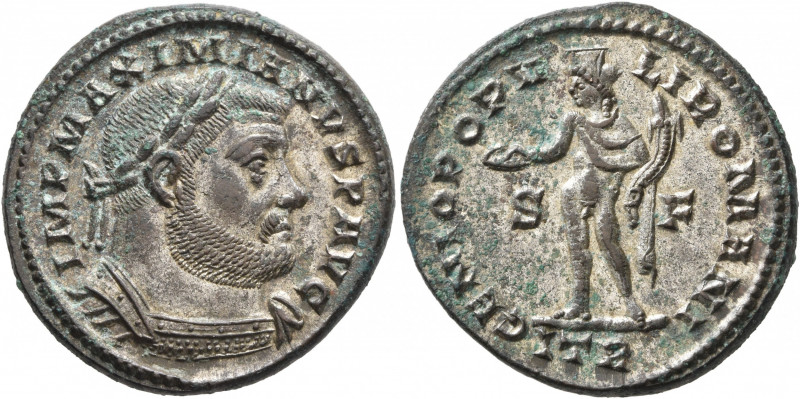 Maximianus, first reign, 286-305. Follis (Silvered bronze, 26 mm, 10.75 g, 1 h),...