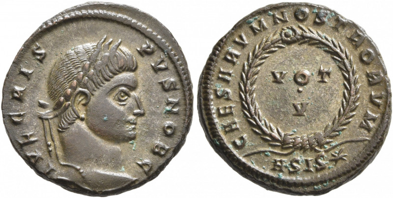 Crispus, Caesar, 316-326. Follis (Silvered bronze, 18 mm, 3.37 g, 6 h), Siscia, ...