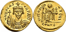 Phocas, 602-610. Solidus (Gold, 20 mm, 4.44 g, 7 h), Constantinopolis, 607-610. δ N FOCAS PERP AVI Draped and cuirassed bust of Phocas facing, wearing...