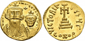 Constans II, with Constantine IV, 641-668. Solidus (Gold, 20 mm, 4.51 g, 6 h), Constantinopolis, circa 654-659. δ N CONSTANTINЧS C CONSTA Crowned and ...